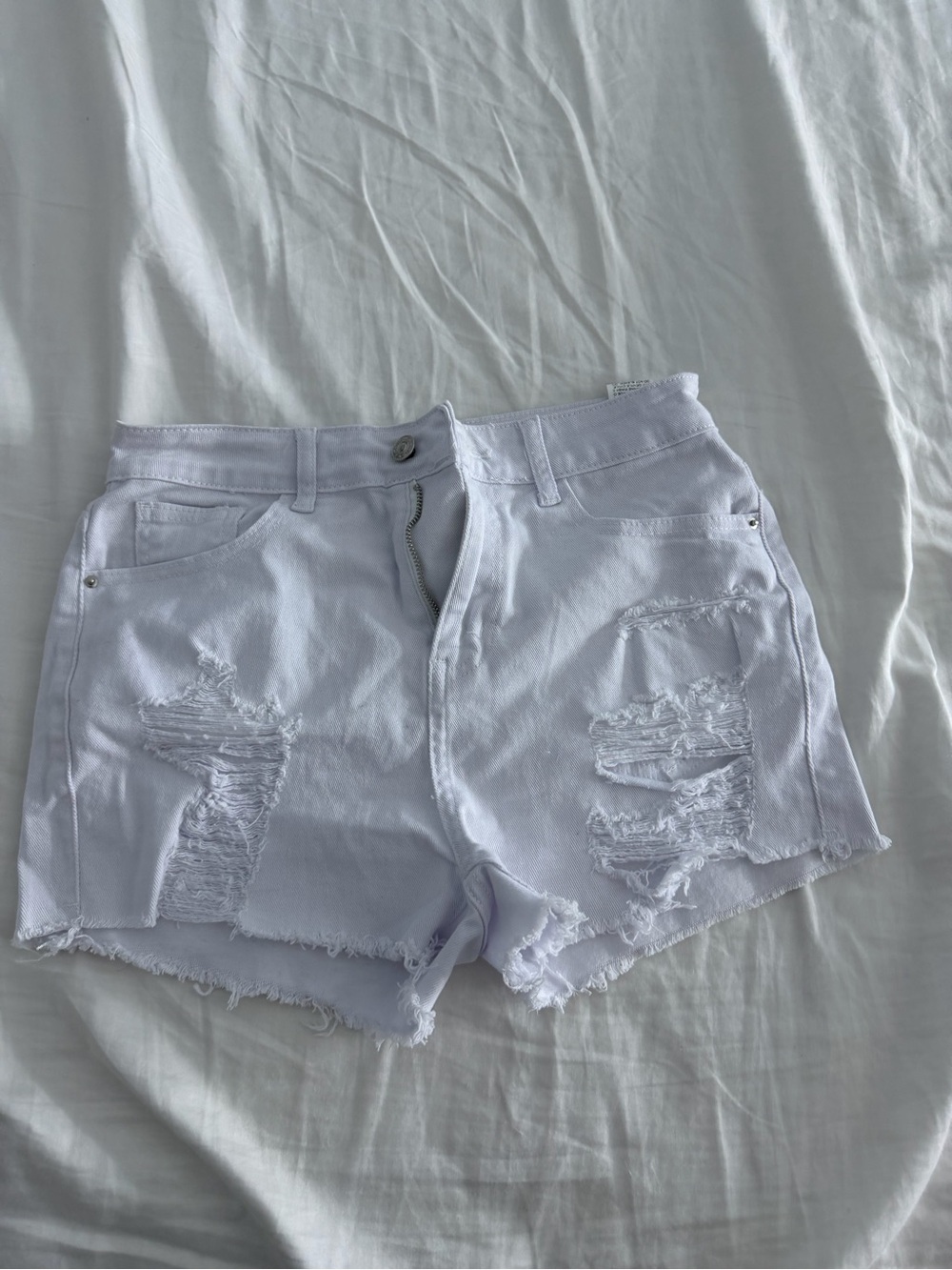 High-Rise White Distressed Denim Shorts - Women